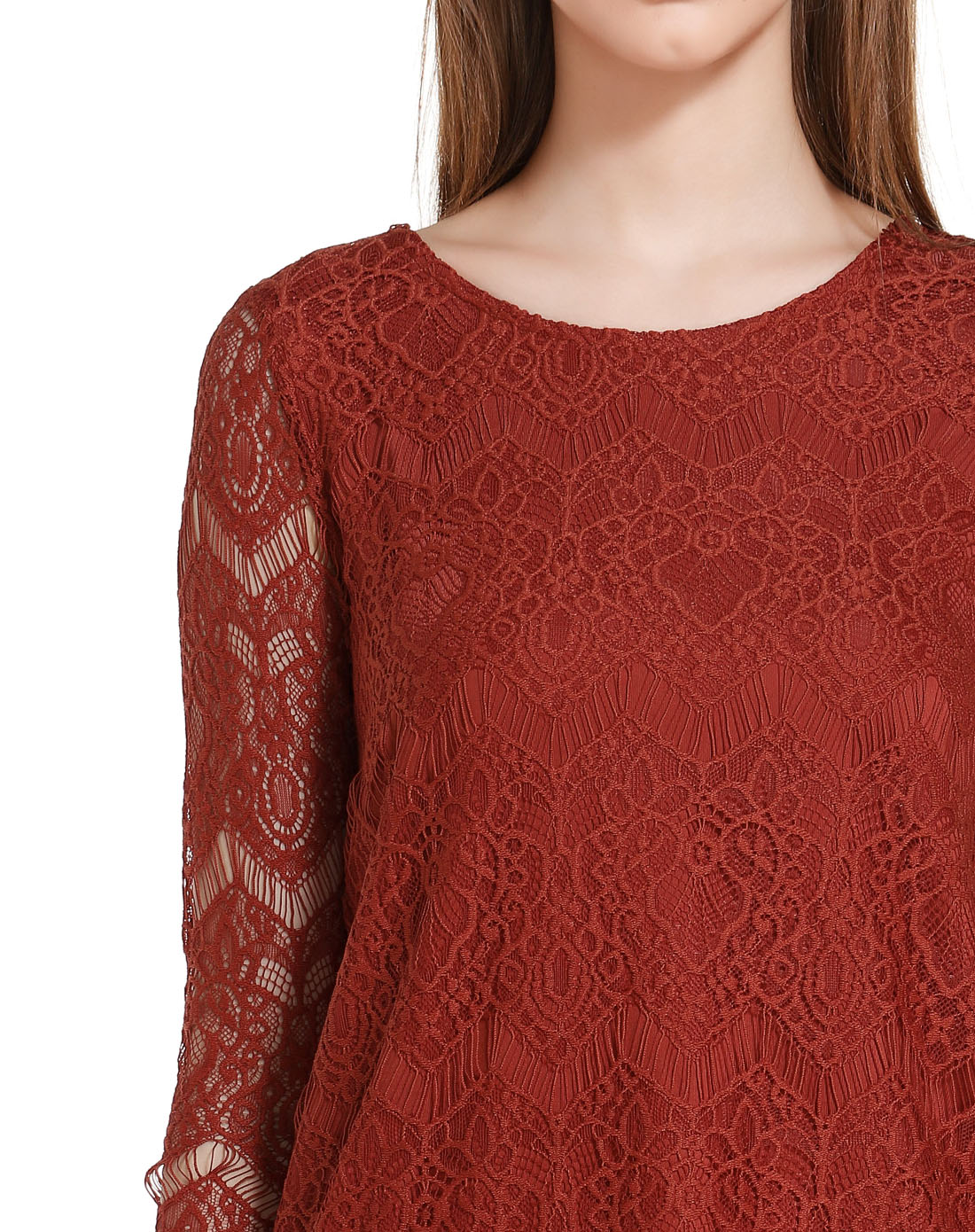 女款深橘红色优雅蕾丝长袖上衣