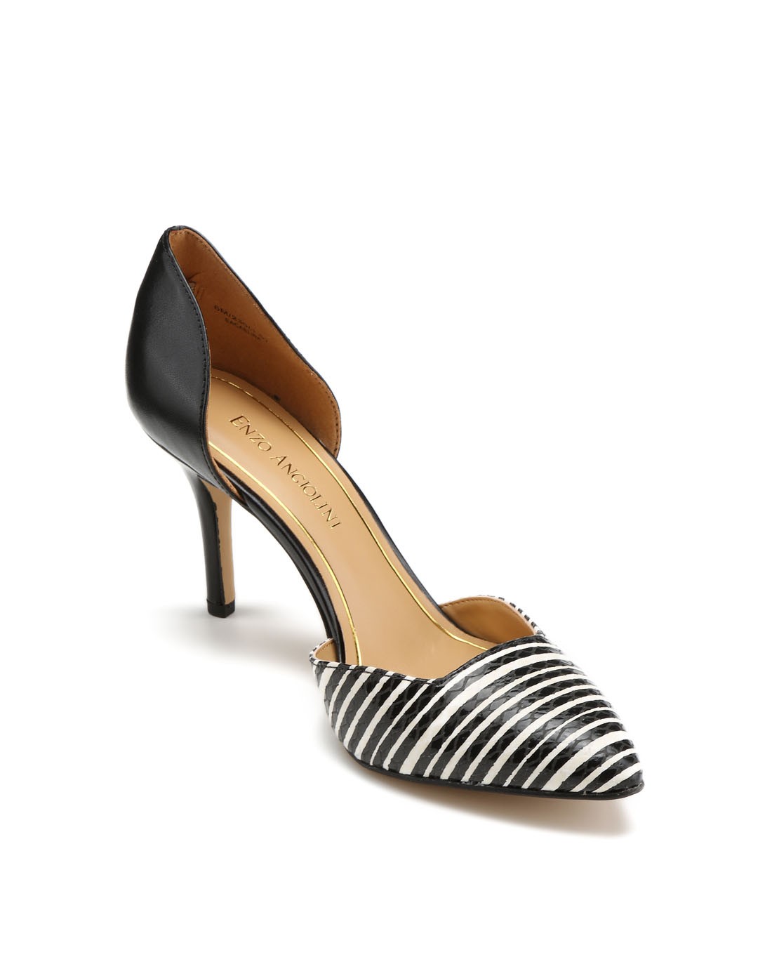 enzo angiolini 黑白条纹尖头侧空时尚细高跟单鞋