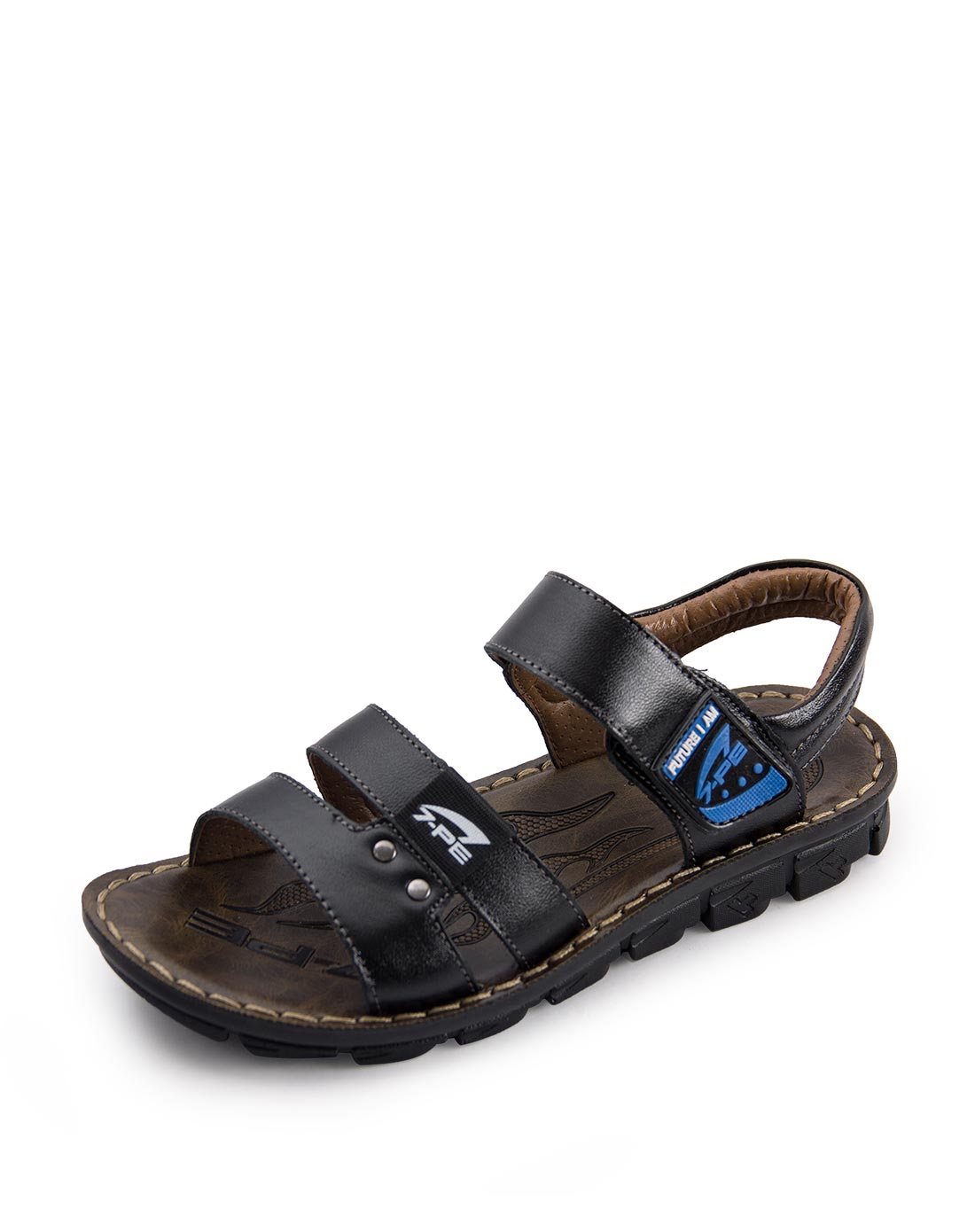 男童黑色牛皮/pu休闲防滑皮凉鞋