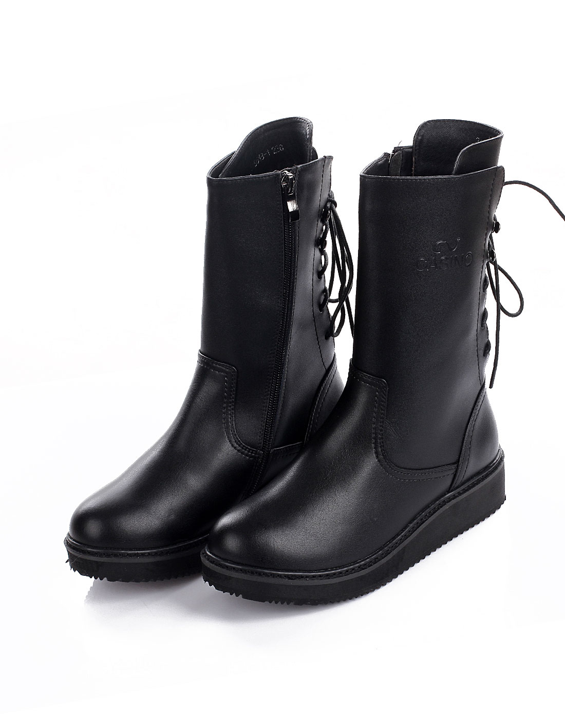 女款黑色系带坡跟马丁靴短靴