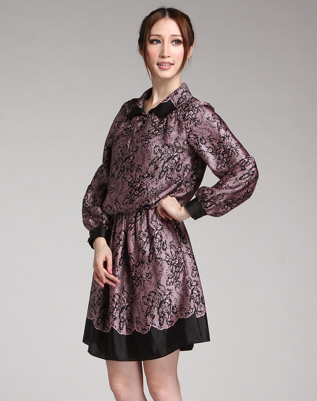 诺琪nochi女装专场-黑拼粉紫色印花长袖休闲连衣裙