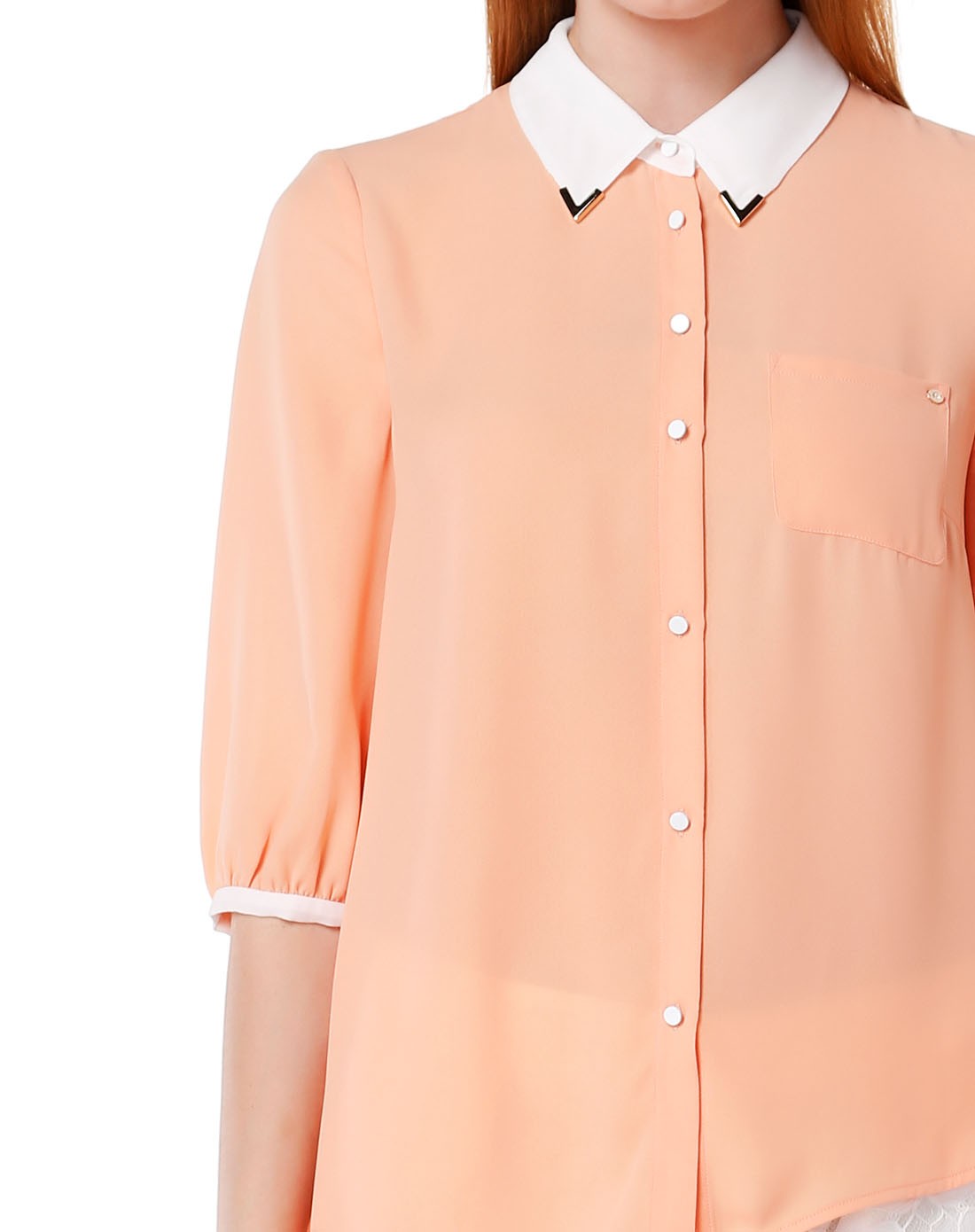 橙粉色时尚下摆不规则七分袖衬衫