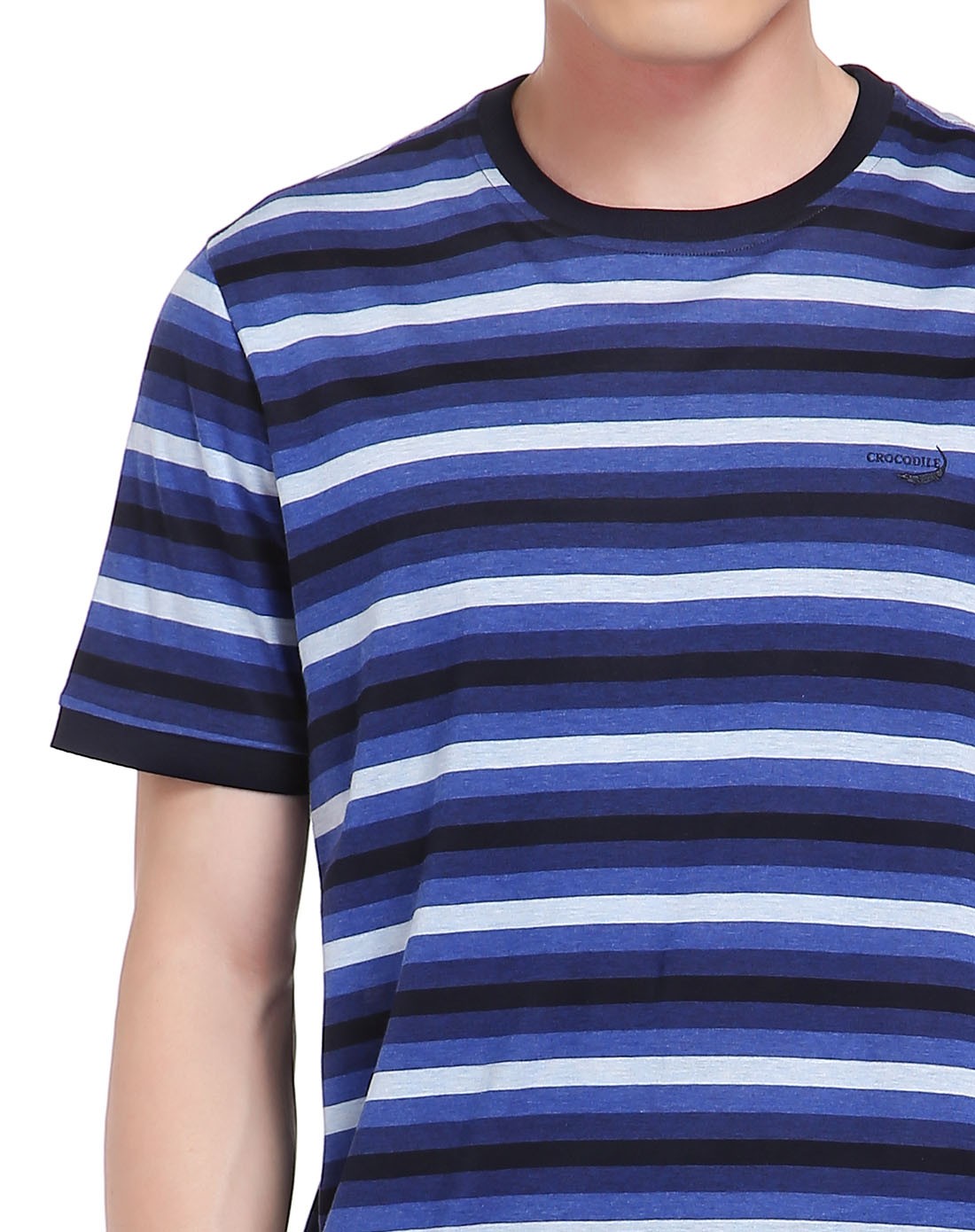 深蓝色圆领条纹短袖t恤