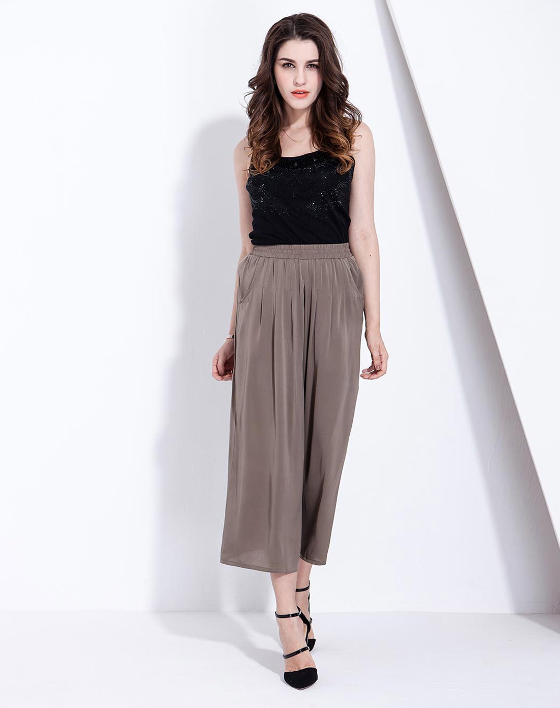 2015新款真丝棕色裙裤