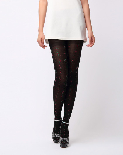 黑色小花色纱提花连裤袜 150d
