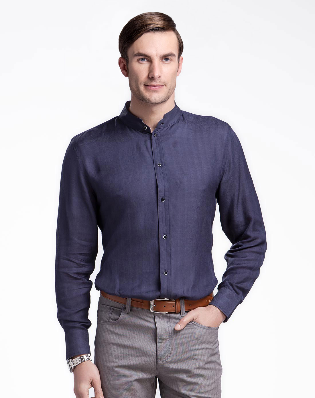 简约时尚桑蚕丝藏蓝色长袖衬衫