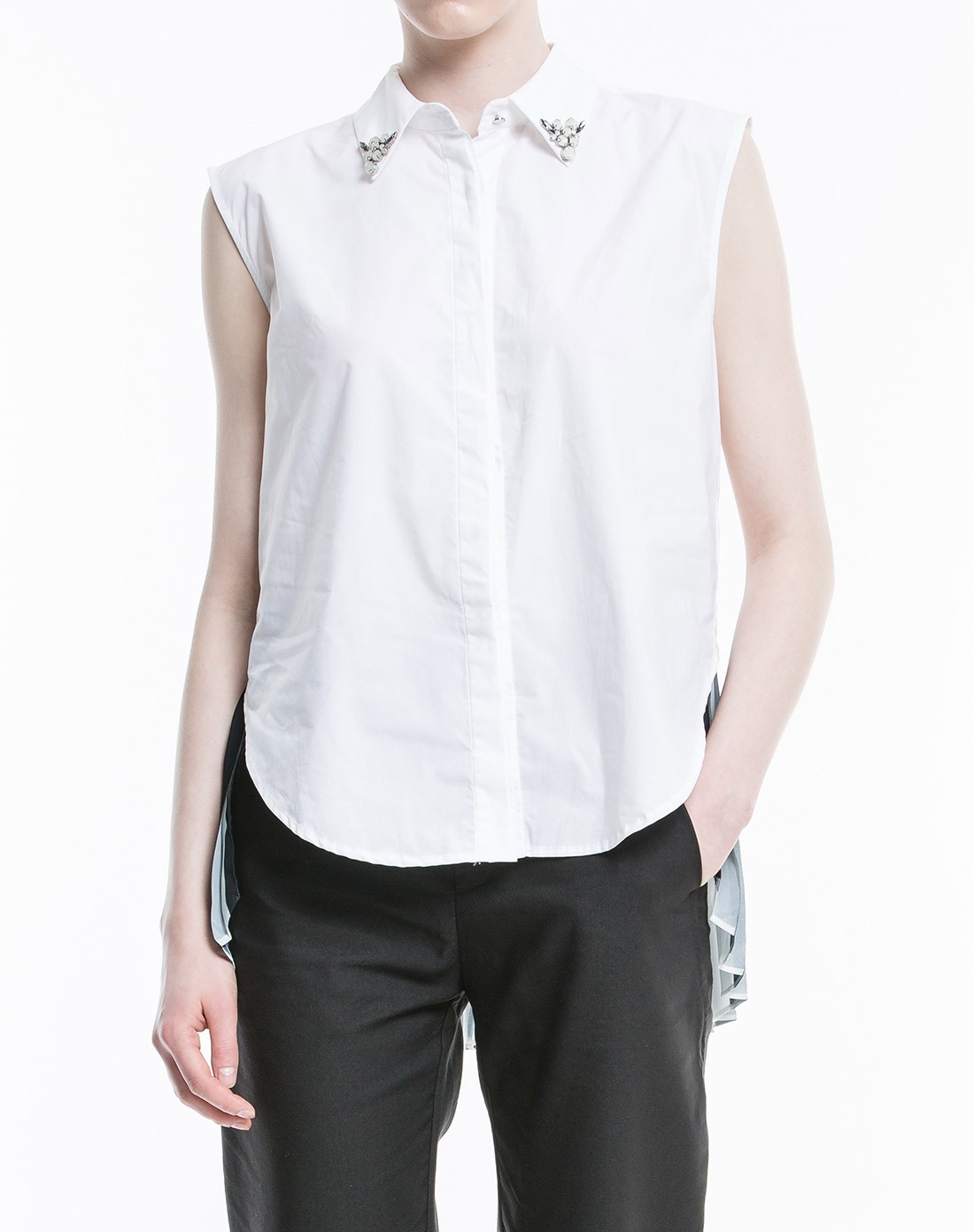 复古无袖风琴褶衬衫本白色