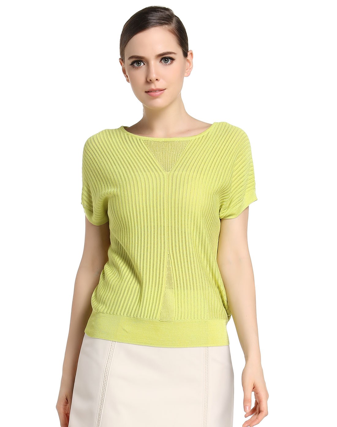 奈蔻nexy.co浅黄绿色休闲舒适短袖针织衫x14d074905_唯品会