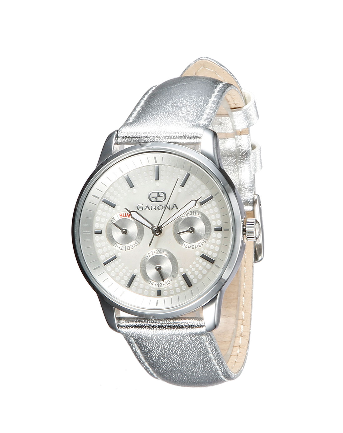 garona手表专场 女款银/白色时尚三眼圆形表盘石英表
