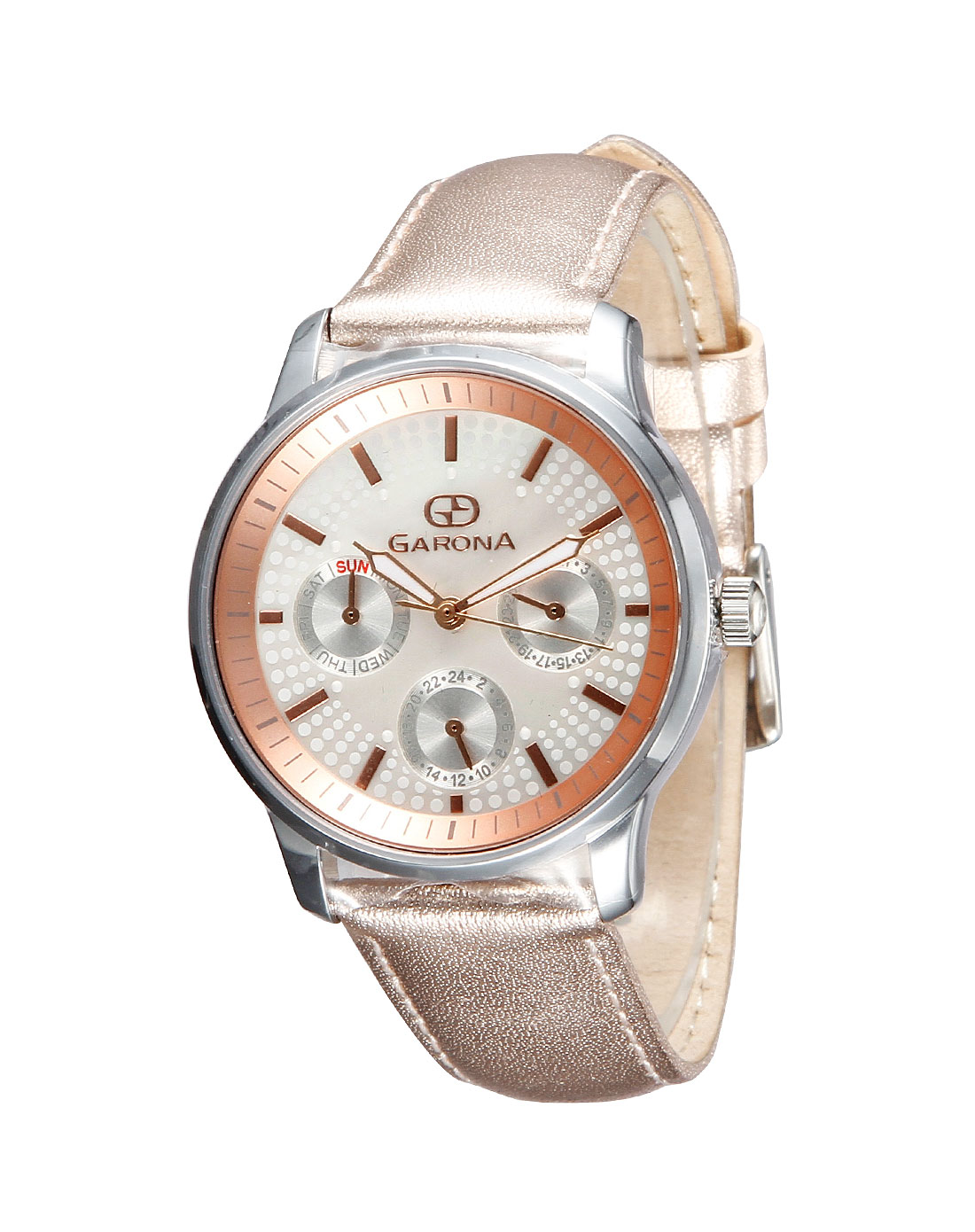 garona手表专场 女款粉/白色时尚三眼圆形表盘石英表