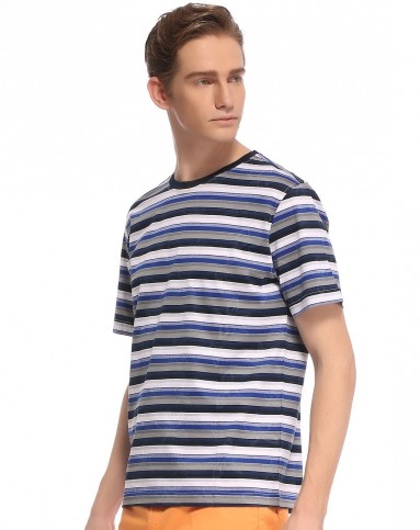 黑灰蓝粗条纹年轻活力圆领短袖t恤