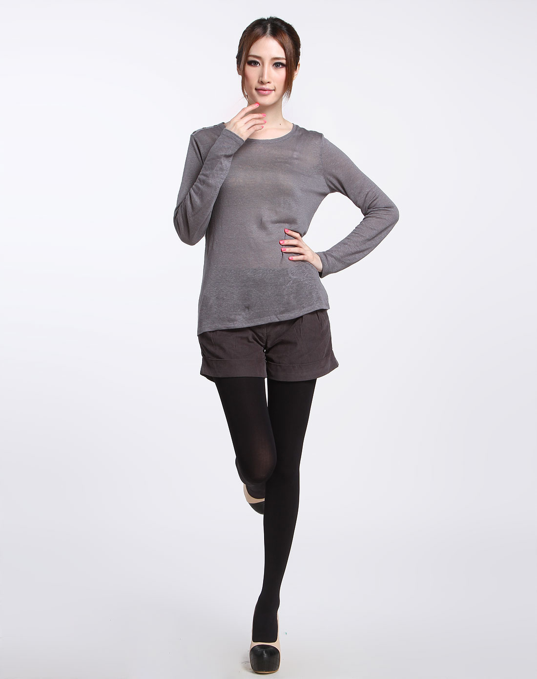 乐都特la redoute女装专场-中灰色简约设计长袖t恤衫