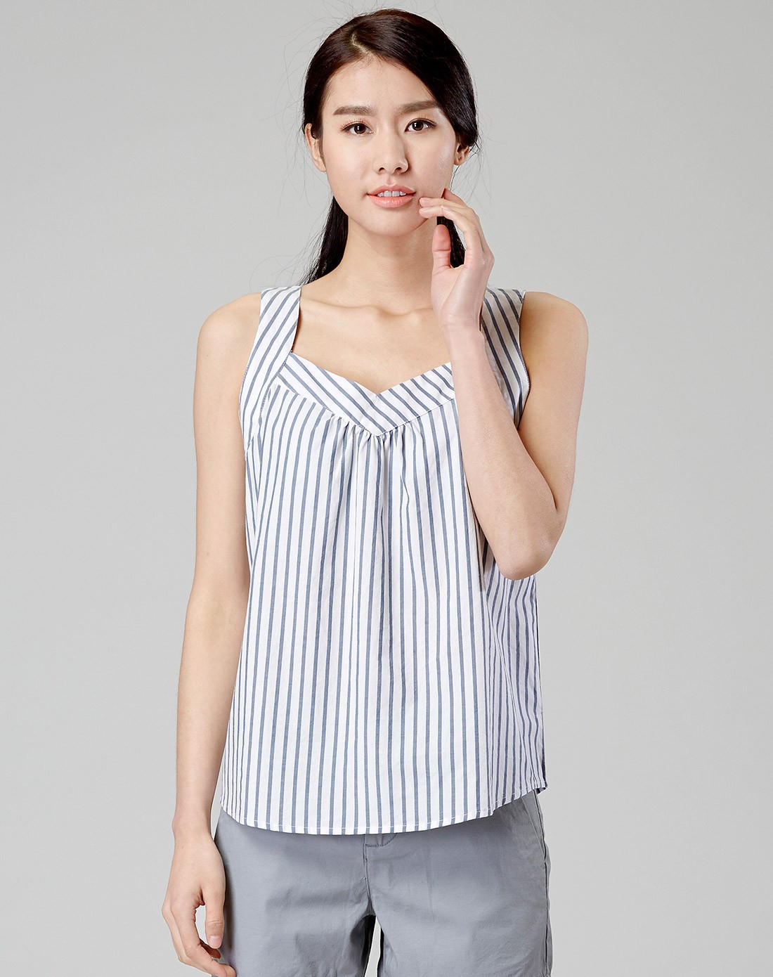 清沙蓝白条清新竖条纹纯棉背心