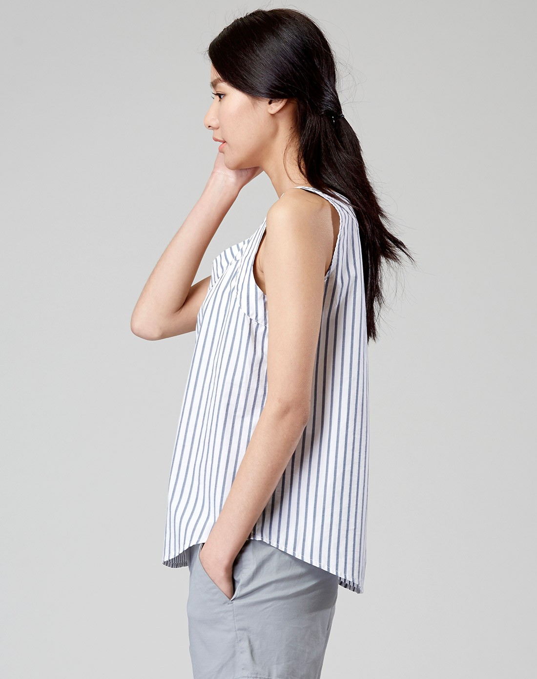 清沙蓝白条清新竖条纹纯棉背心
