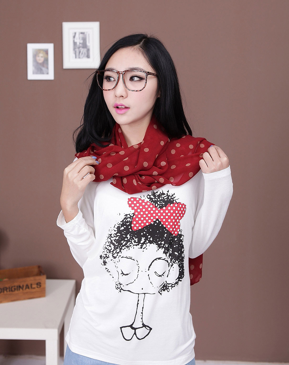 韩都衣舍hstyle女上装专场经典波点长方形围巾kb1165-枣红色_唯品会