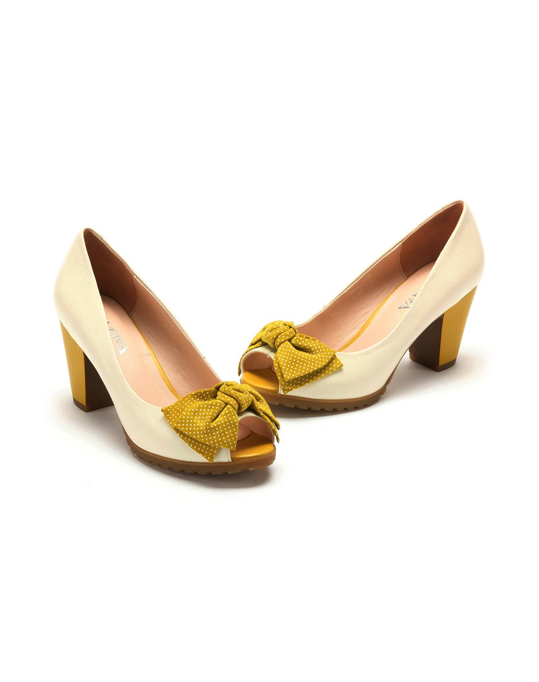 索菲娅safiya 米白色/黄色羊皮通勤鱼嘴鞋