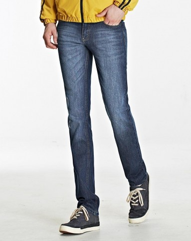 中蓝色猫须洗水修身直筒纯棉牛仔裤