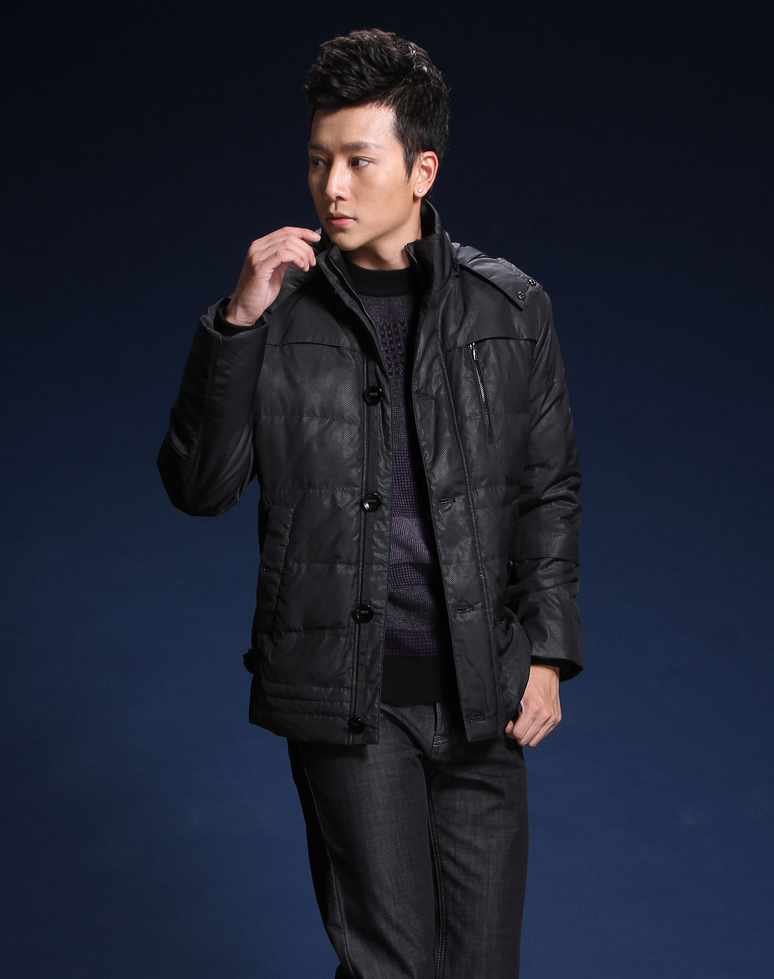 卡丹路cardanro男装专场-黑色连帽休闲长袖羽绒服