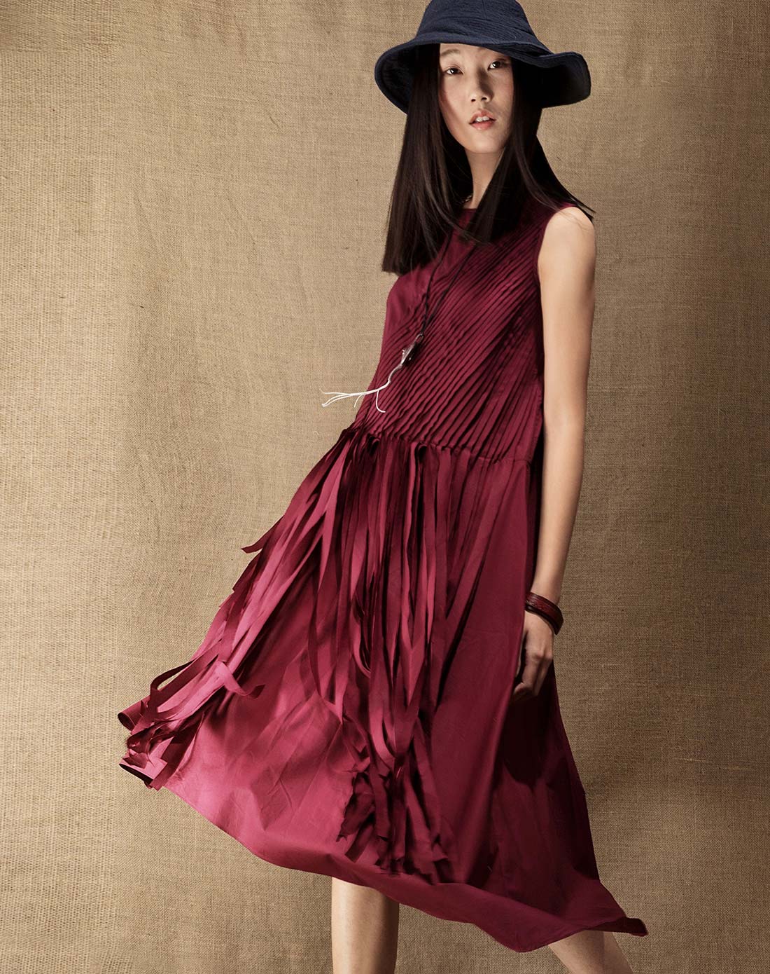 枣红色简约个性棉质流苏裙摆显瘦连衣裙