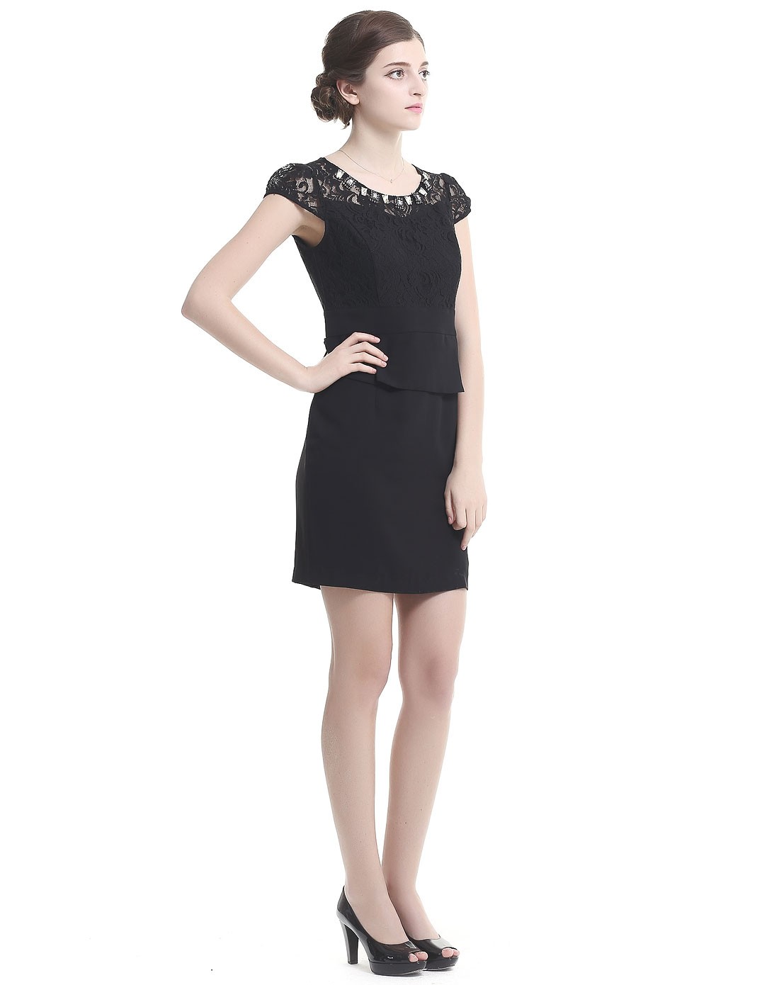 斯尔丽sierli连衣裙优雅气质蕾丝黑色短袖连衣裙3m006880_唯品会