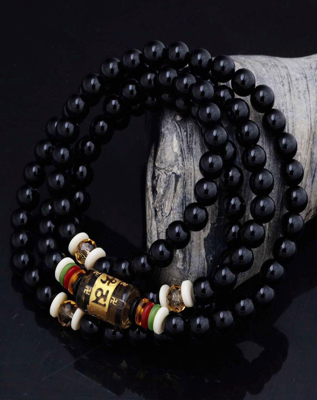 男款黑色天然玛瑙六字真言转运珠108颗佛珠手链