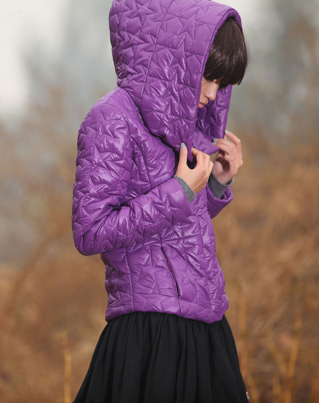 紫色冬新大领口纯色棉衣棉服外套