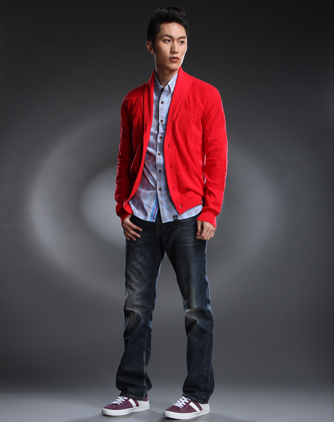 男款大红色简约休闲长袖开衫毛衣