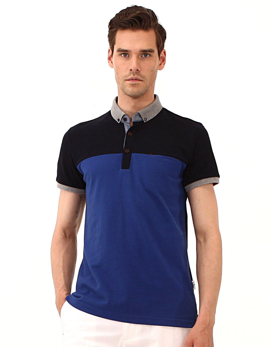 felix buhler蓝/蓝黑色休闲半开襟短袖t恤f4222043-305_唯品会