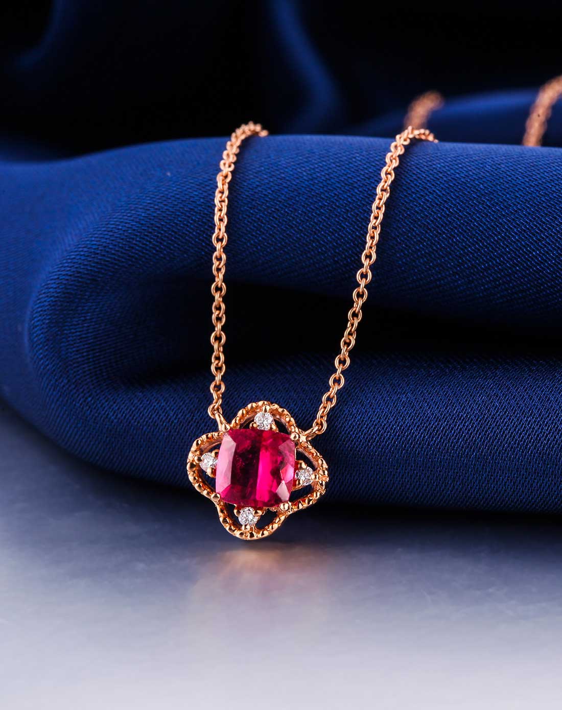 [唯品会专供]18k玫瑰金红碧玺四叶草镶钻石套链