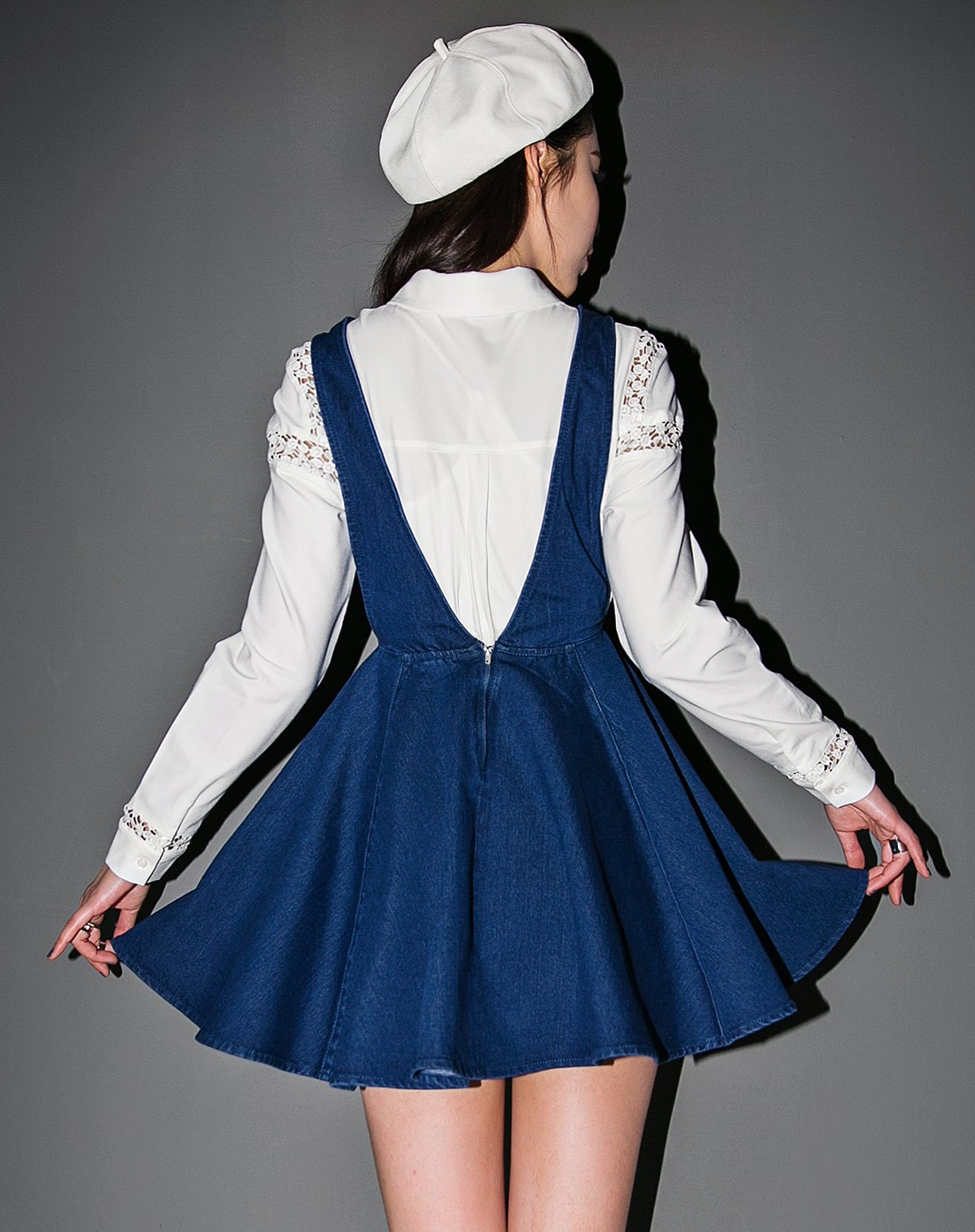 other mix牛仔蓝 高腰廓型牛仔背带裙