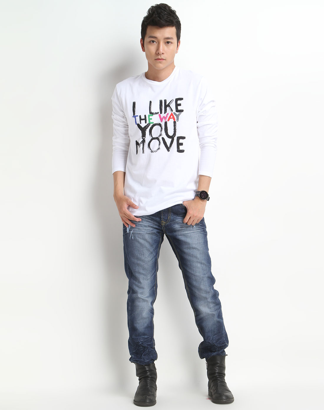 森马男装专场-白色印字母长袖t恤