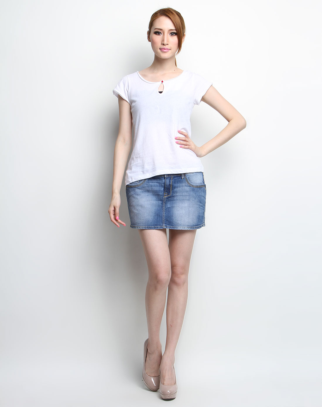 mango女装专场-白色简约圆领针织短袖t恤衫