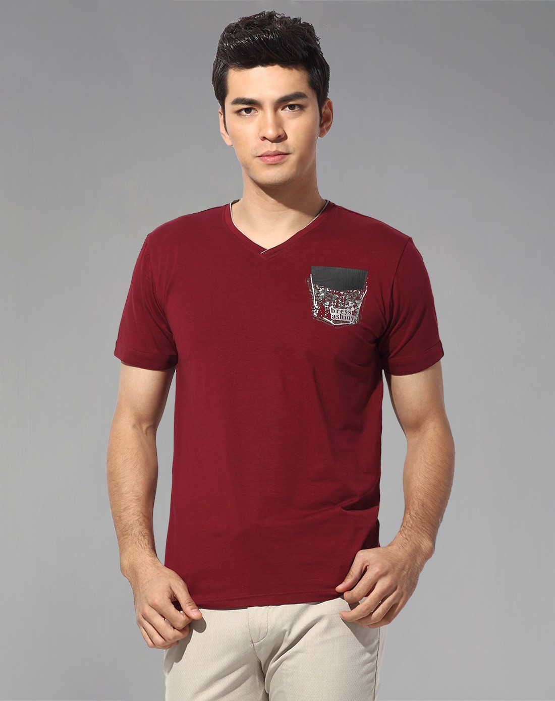 枣红色商务休闲印花短袖t恤