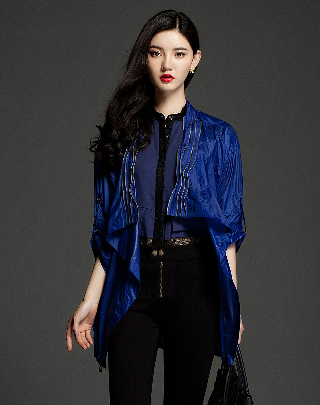 iaizo 宝蓝色开襟时尚休闲长袖风衣