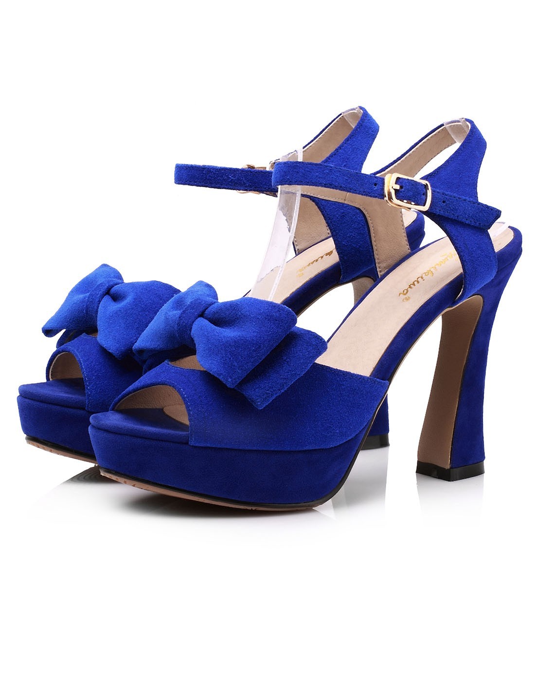 蓝色高跟真皮蝴蝶结女式凉鞋