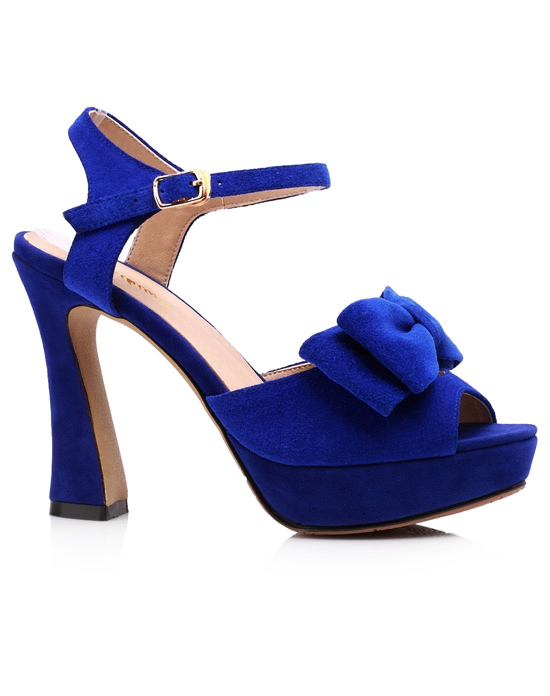 蓝色高跟真皮蝴蝶结女式凉鞋