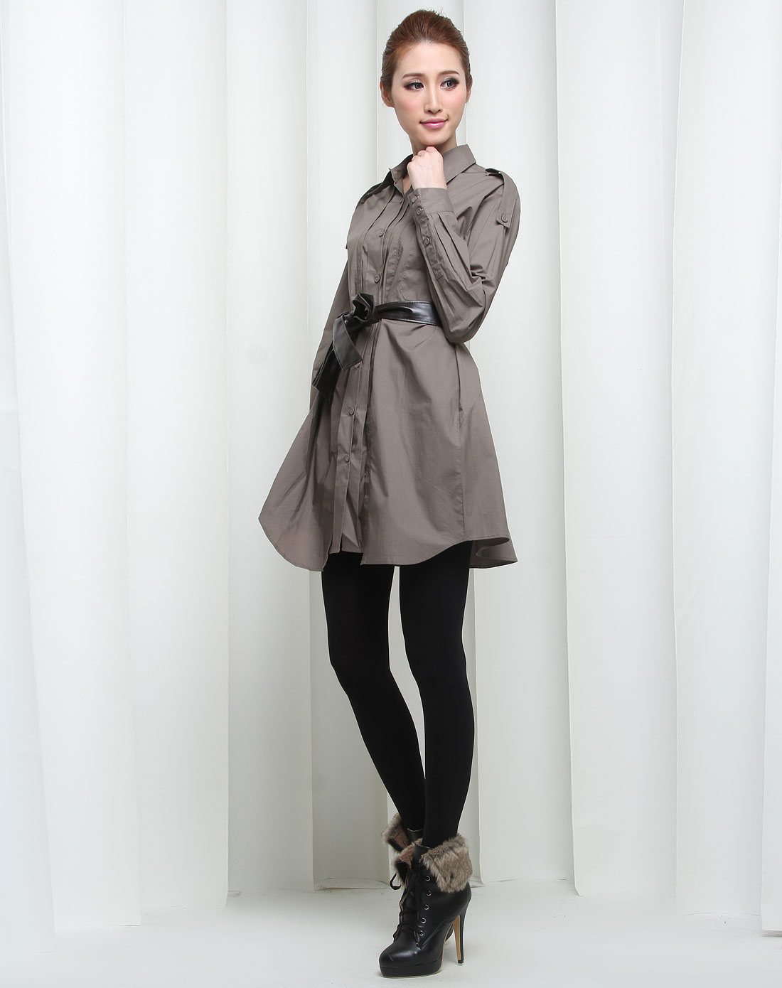 棕灰色简约个性长袖衬衫