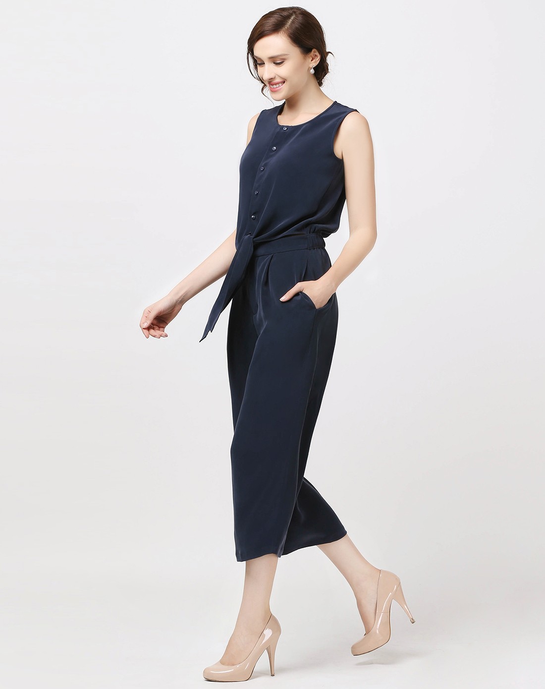 藏青色韩版宽松休闲重磅真丝连体裤