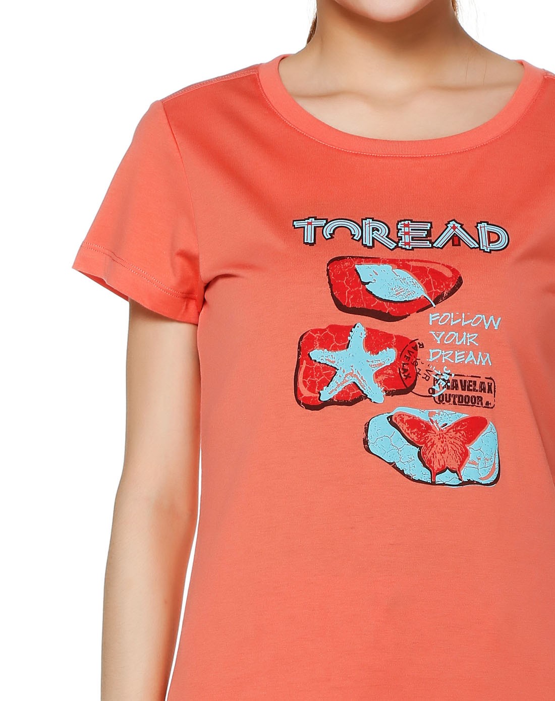 舒适透气 女款绯红色短袖t恤 圆领印图