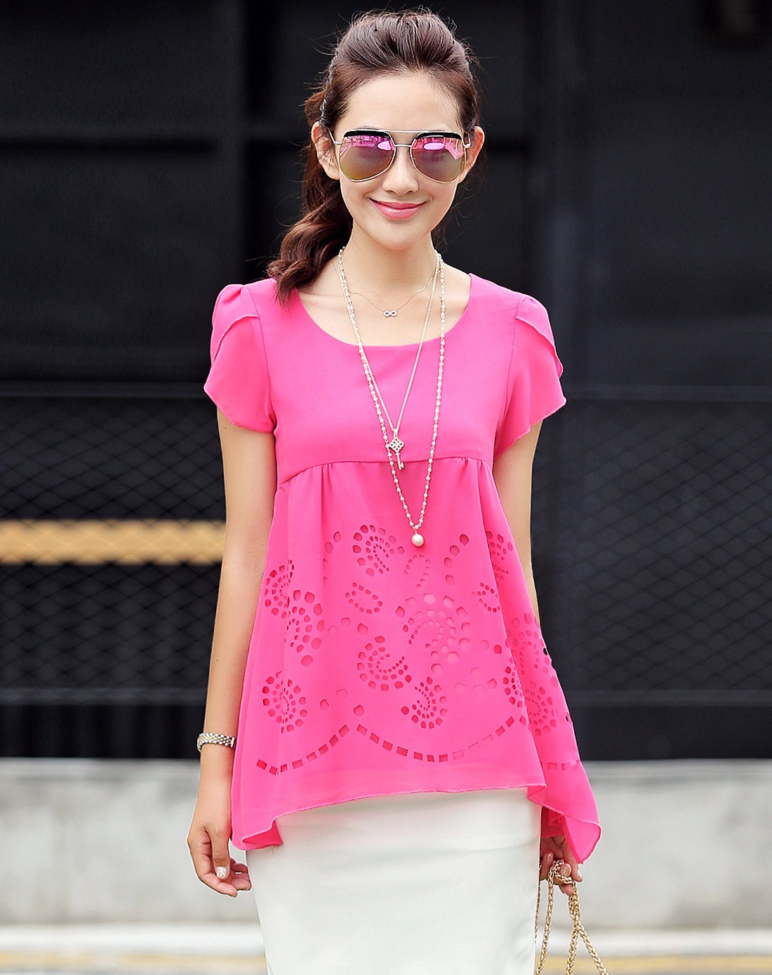 玫红色时尚圆领短袖宽松雪纺衫