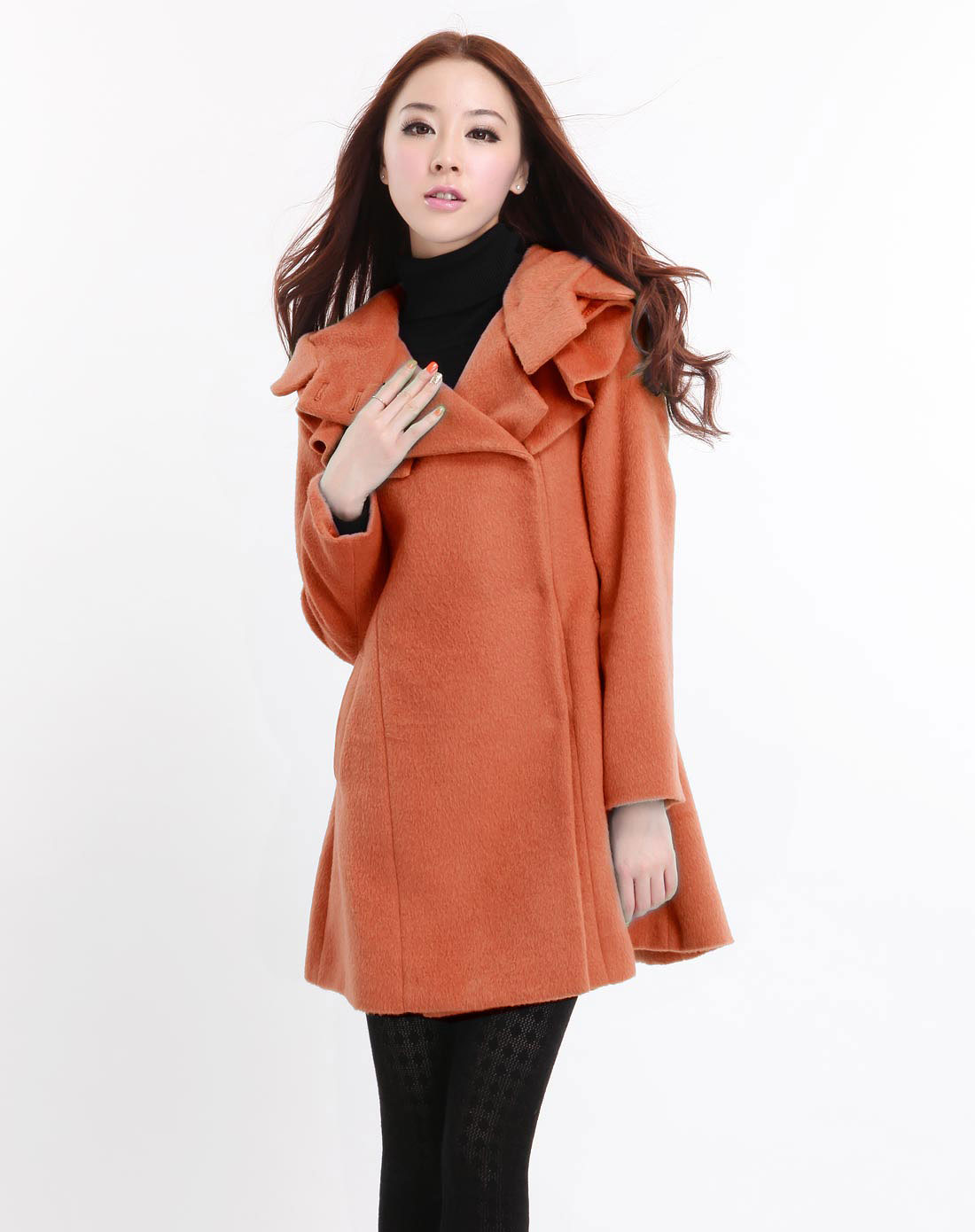 女棕红色荷叶边毛呢大衣