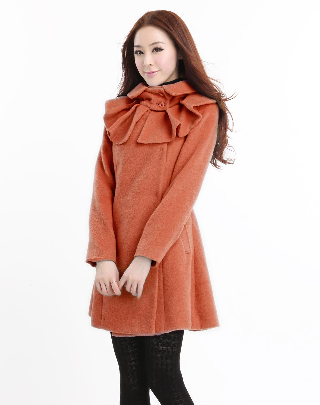 女棕红色荷叶边毛呢大衣