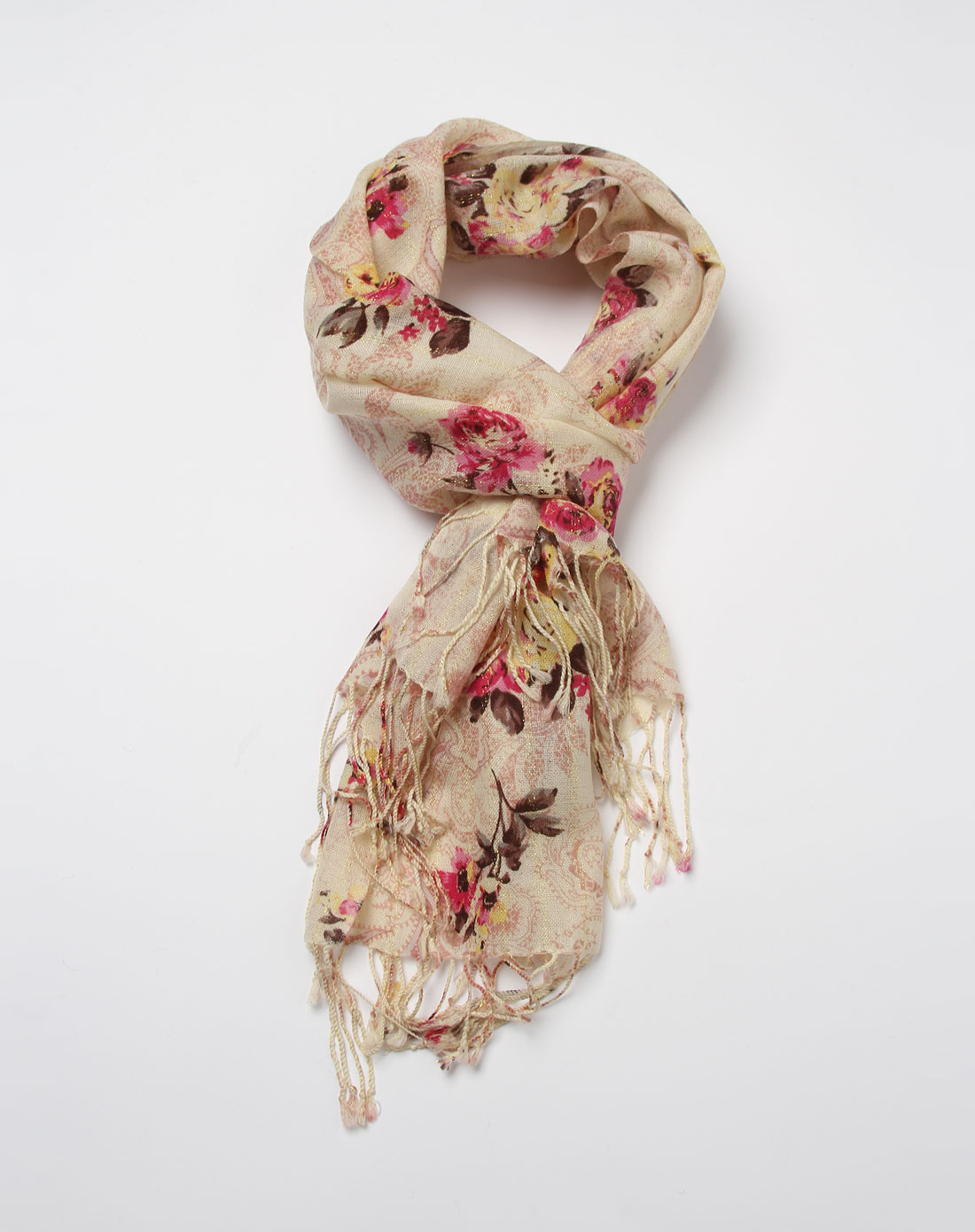 淡黄底多色印花围巾