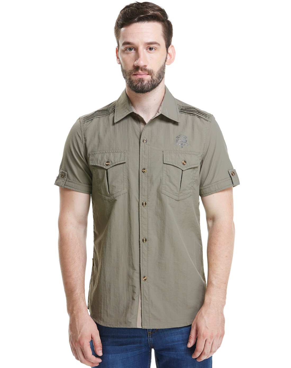 速干吸汗 男士浅军色衬衫 翻领短袖