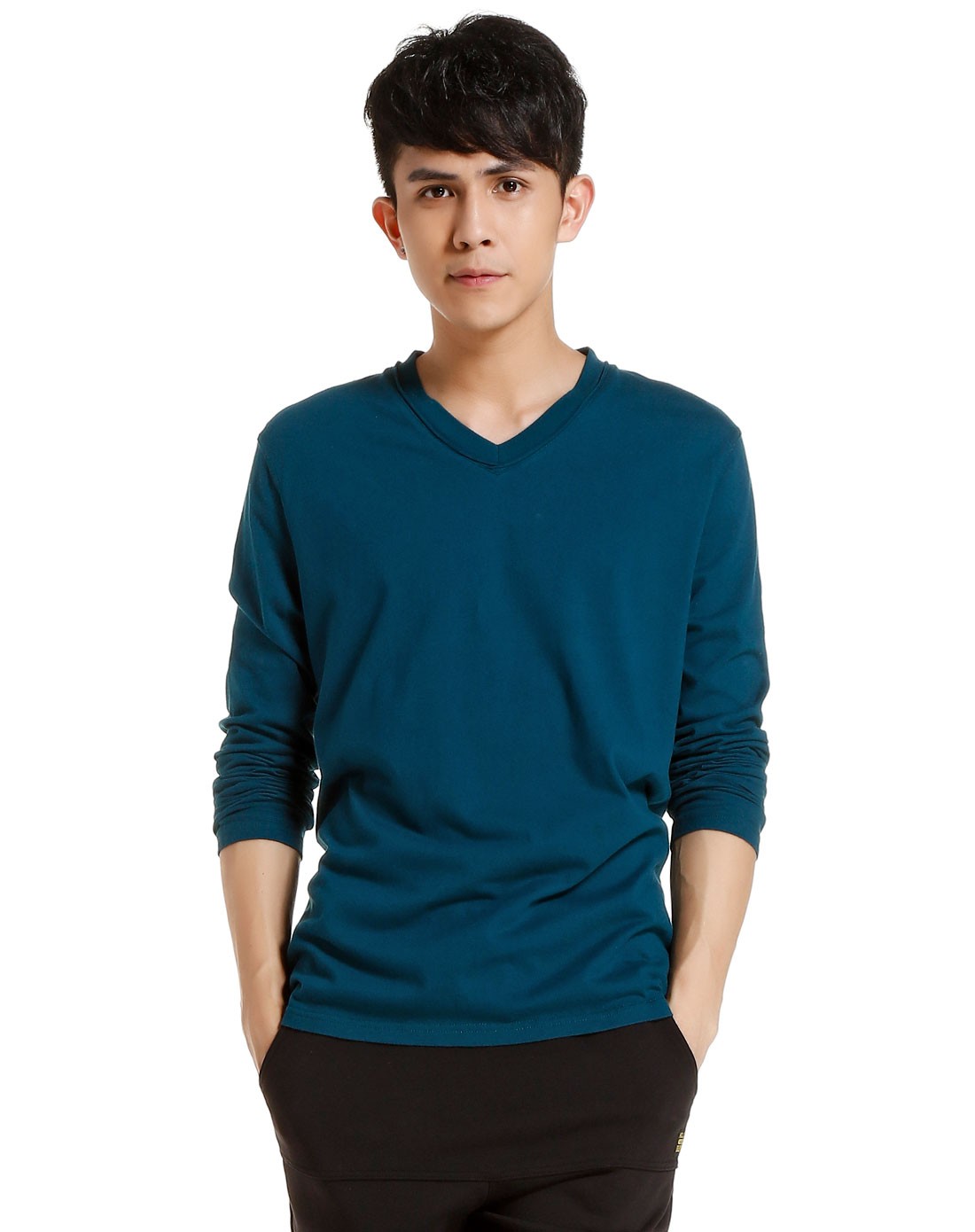 男款蓝绿色帅气舒适长袖针织上衣