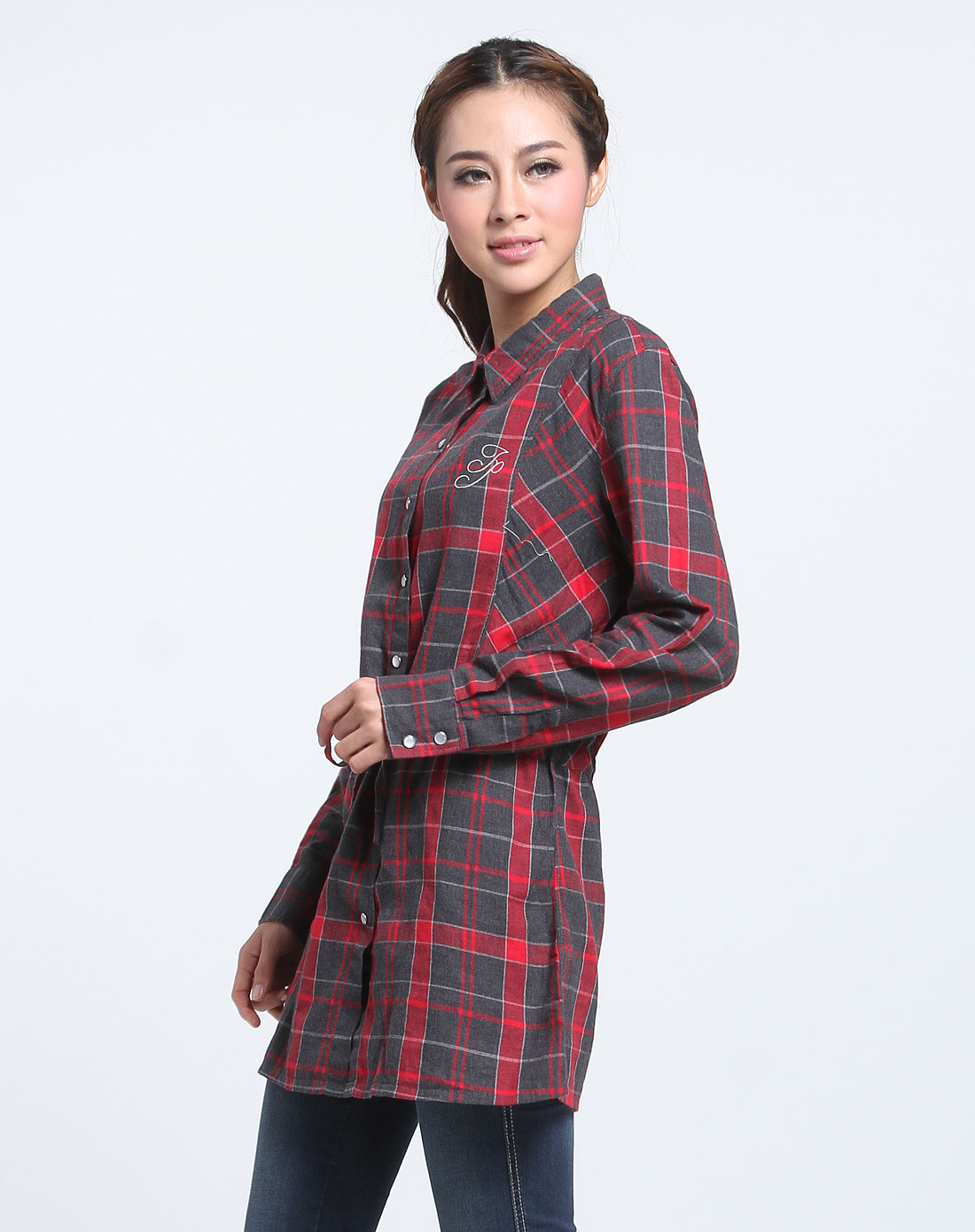 zone男女装混合专场-女款鲜红色格子休闲长款长袖衬衫