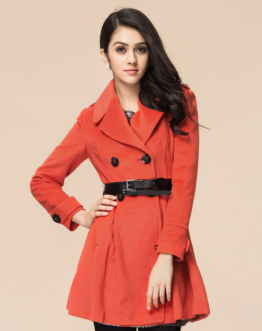 桔红色时尚双排扣长袖长大衣