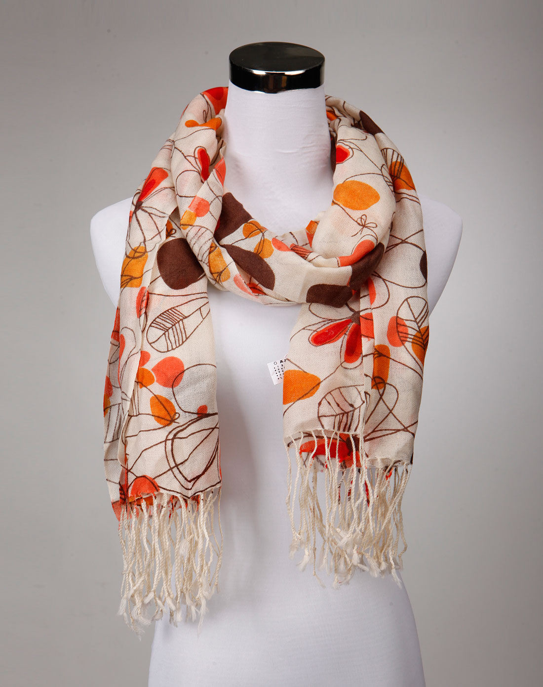 米黄色底咖红橘色花朵羊毛印花围巾