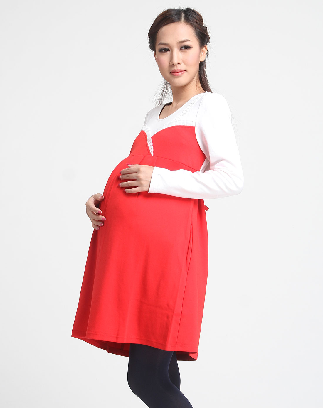 好孕世界孕妇装专场-玫红色休闲针织长袖连衣裙