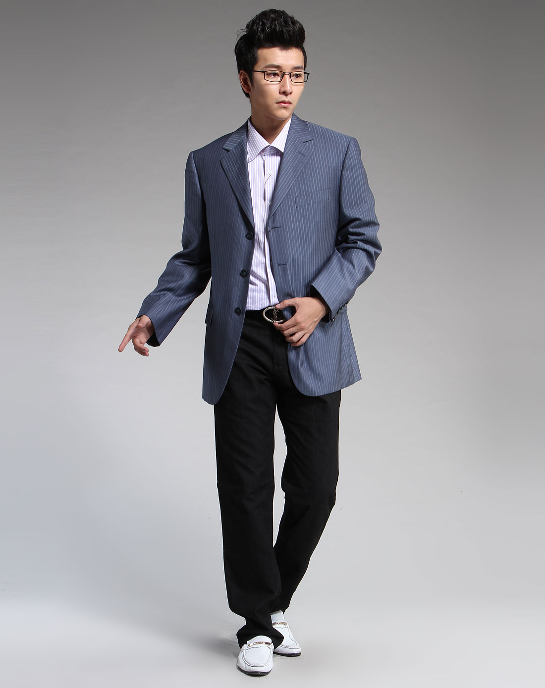 男款灰蓝色间纹休闲长袖西装